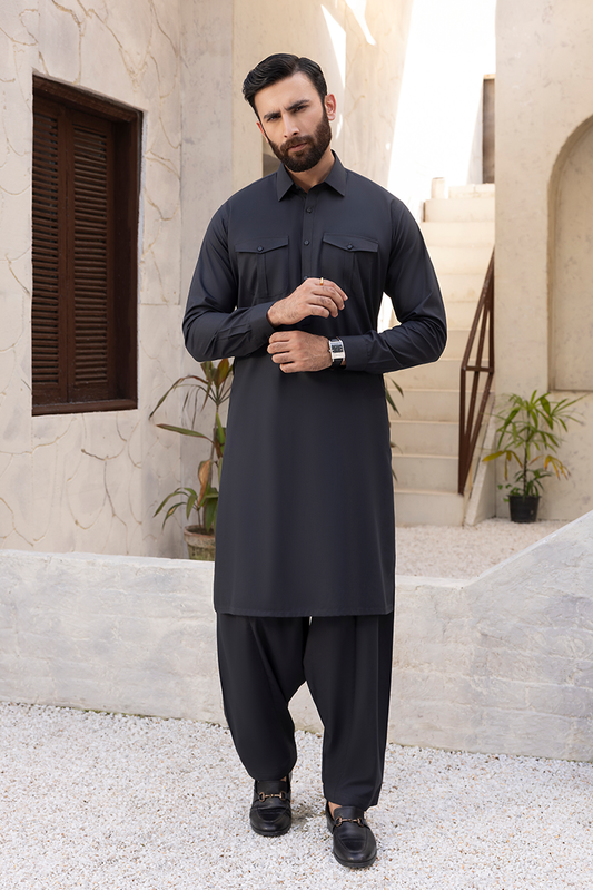 Picture of Black Pearl - Wash & Wear | Black Collar Shalwar Kameez - Available at Raja Sahib
