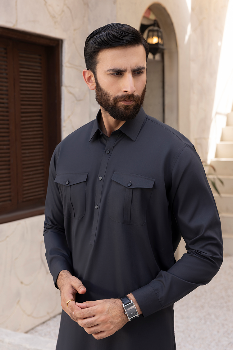Picture of Black Pearl - Wash & Wear | Black Collar Shalwar Kameez - Available at Raja Sahib