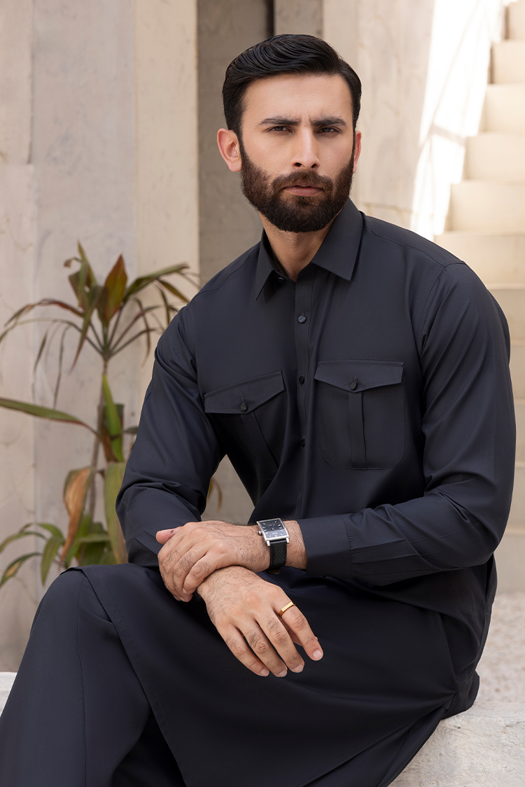 Picture of Black Pearl - Wash & Wear | Black Collar Shalwar Kameez - Available at Raja Sahib