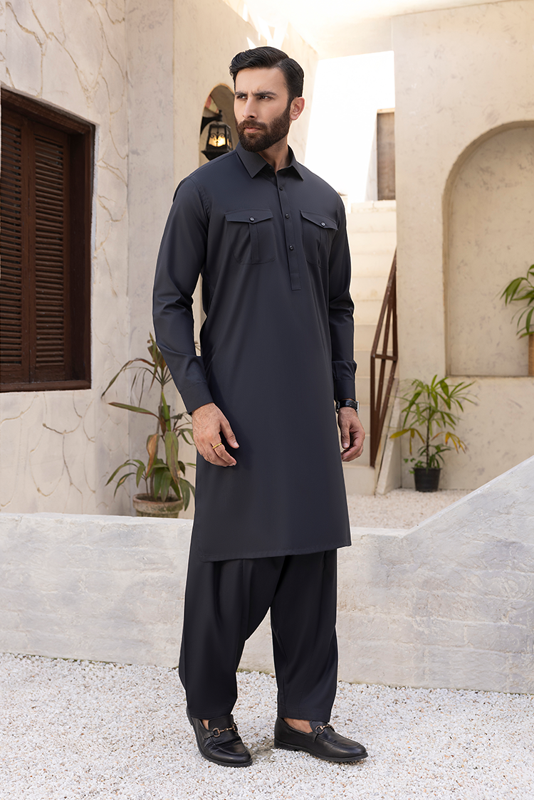 Picture of Black Pearl - Wash & Wear | Black Collar Shalwar Kameez - Available at Raja Sahib