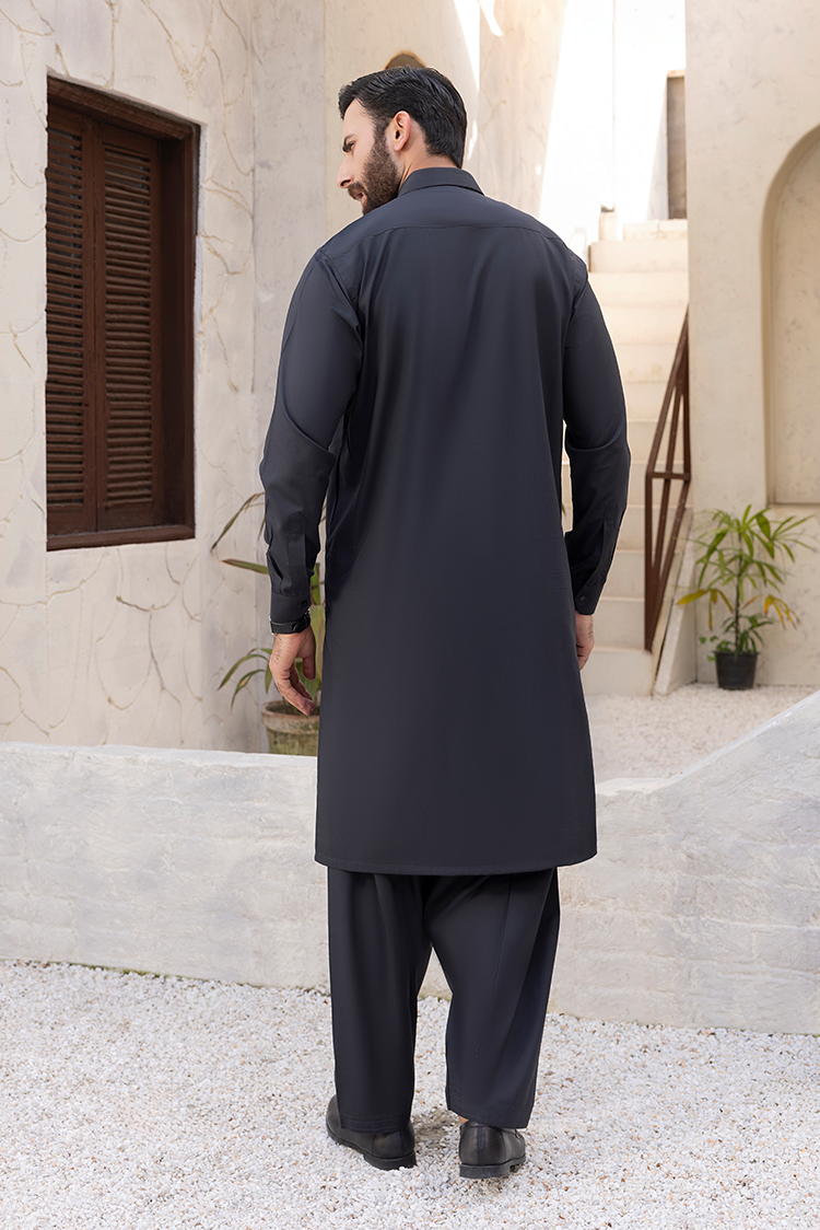Picture of Black Pearl - Wash & Wear | Black Collar Shalwar Kameez - Available at Raja Sahib