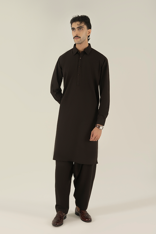 Black Pearl - Wash & Wear | Dark Brown Collar Kameez Shalwar