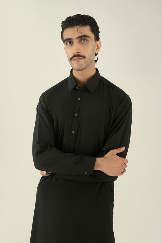 Picture of Black Pearl - Wash & Wear | Dark Green Collar Kameez Shalwar - Available at Raja Sahib