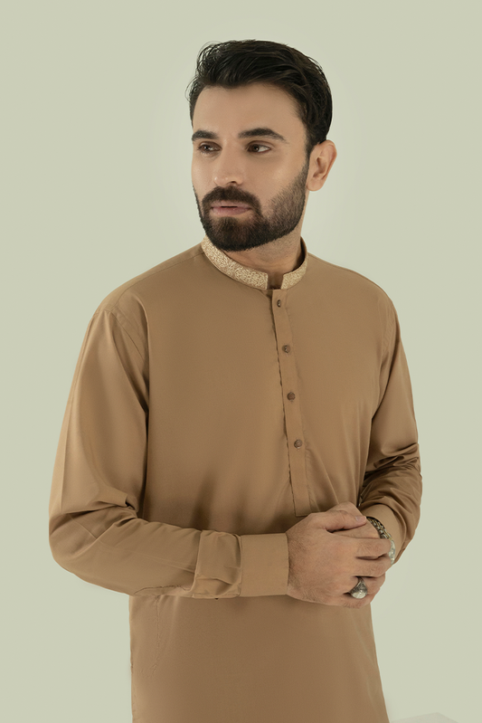 Picture of Black Pearl - Wash & Wear | Brown Ban Kameez Shalwar - Available at Raja Sahib