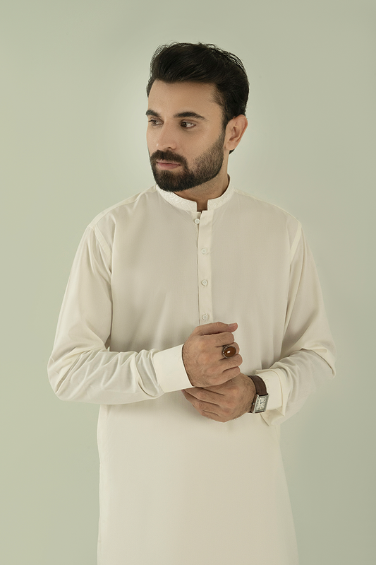 Picture of Black Pearl - Wash & Wear | Off White Ban Kameez Shalwar - Available at Raja Sahib
