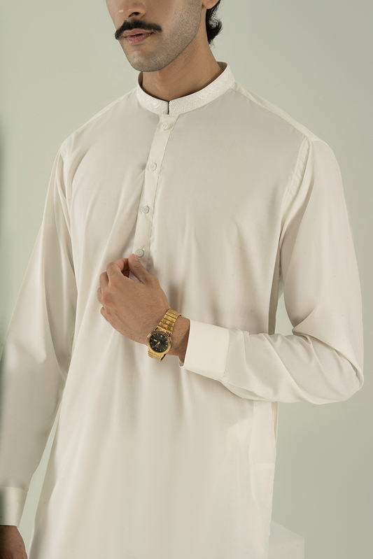 Picture of Black Pearl - Wash & Wear | White Ban Kameez Shalwar - Available at Raja Sahib