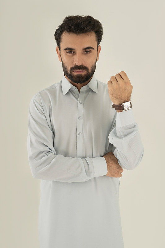 Picture of Black Pearl - Wash & Wear | Light Blue Collar Kameez Shalwar - Available at Raja Sahib