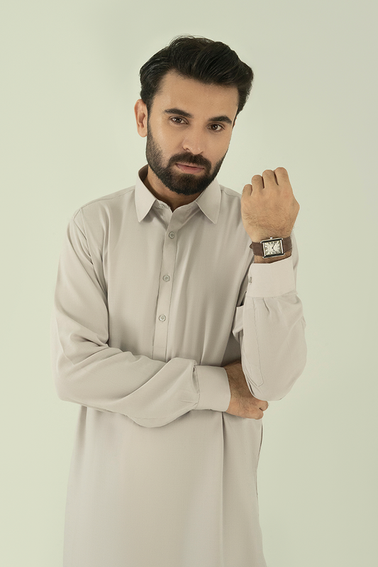 Picture of Black Pearl - Wash & Wear | Silver Collar Kameez Shalwar - Available at Raja Sahib