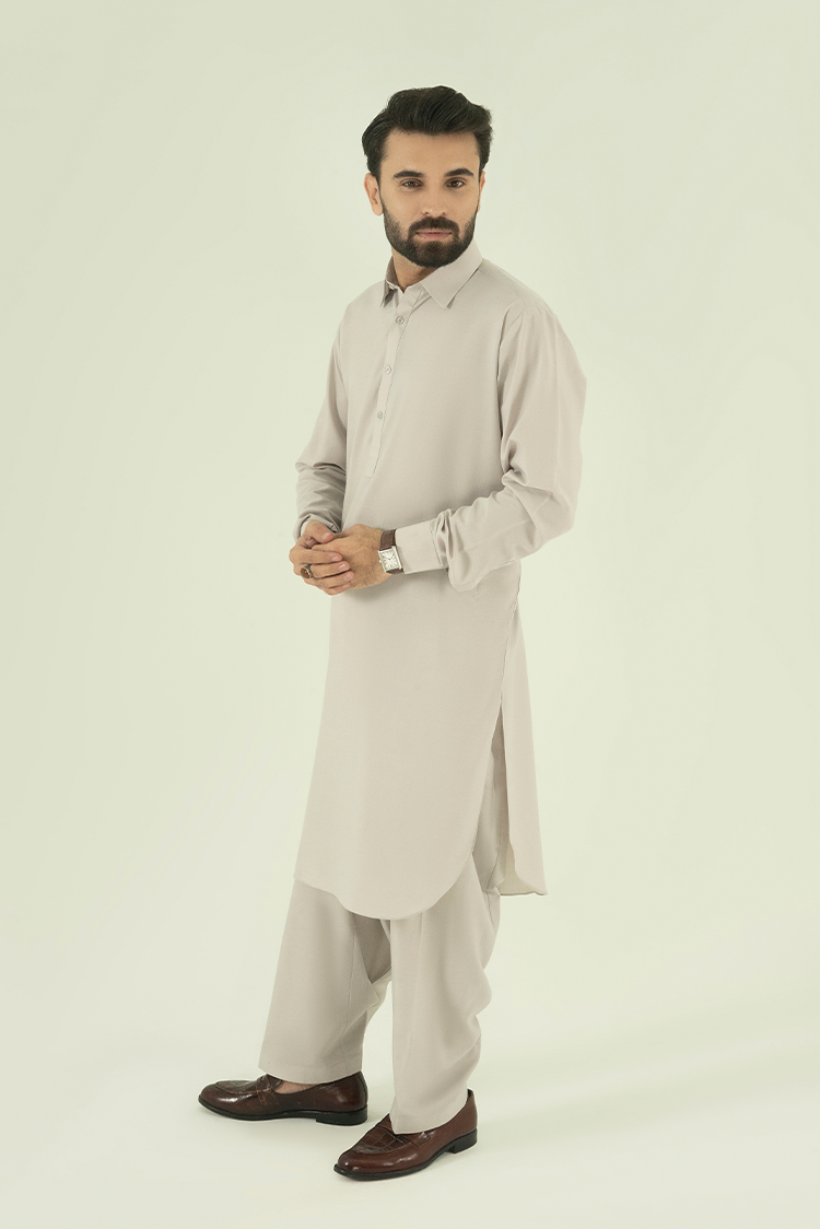 Picture of Black Pearl - Wash & Wear | Silver Collar Kameez Shalwar - Available at Raja Sahib