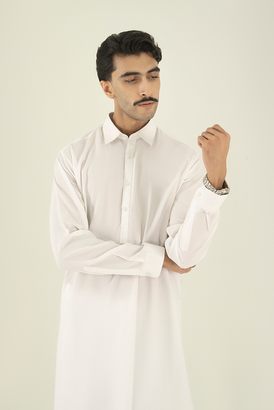 Picture of Black Pearl - Wash & Wear | White Collar Kameez Shalwar - Available at Raja Sahib