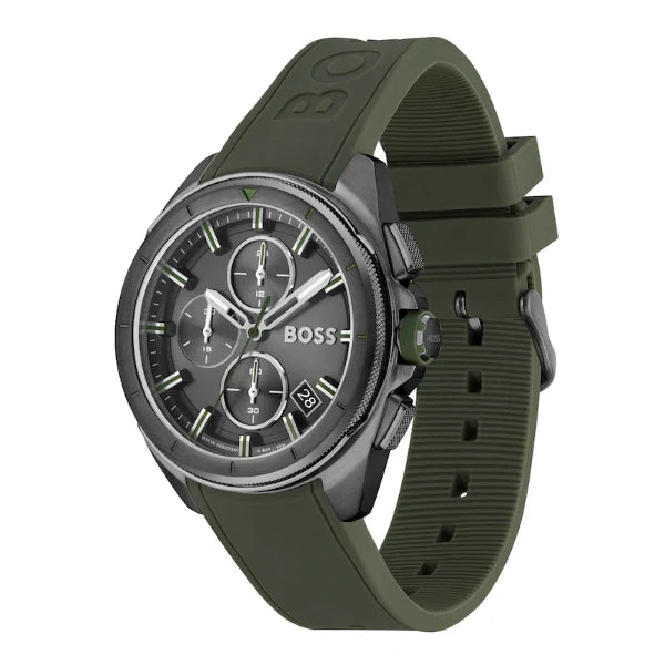 Picture of Hugo Boss Volane Green Silicone Strap Grey Dial Chronograph Quartz Watch For Gents - 1513952 - Available at Raja Sahib