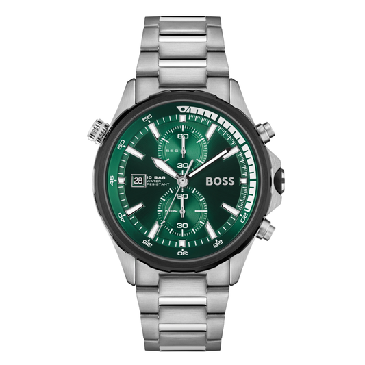 Hugo Boss Globetrotter Silver Stainless Steel Green Dial Chronograph Quartz Watch For Gents - 1513930