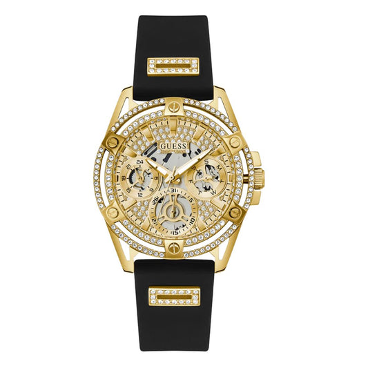 Guess Queen Black Silicone Strap Gold Dial Quartz Watch for Ladies - GW0536L3