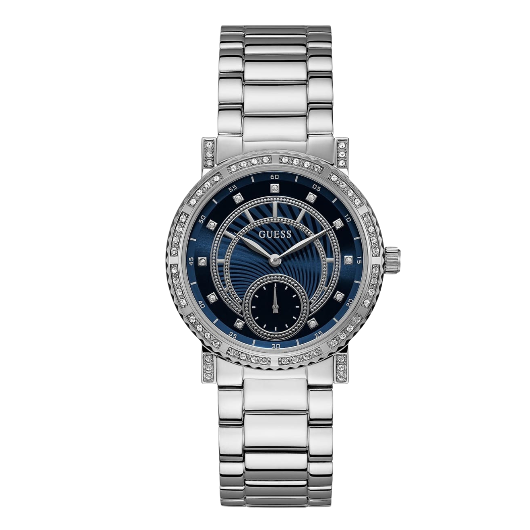Picture of Guess Silver Stainless Steel Blue Dial Quartz Watch for Ladies - W1006L1 - Available at Raja Sahib