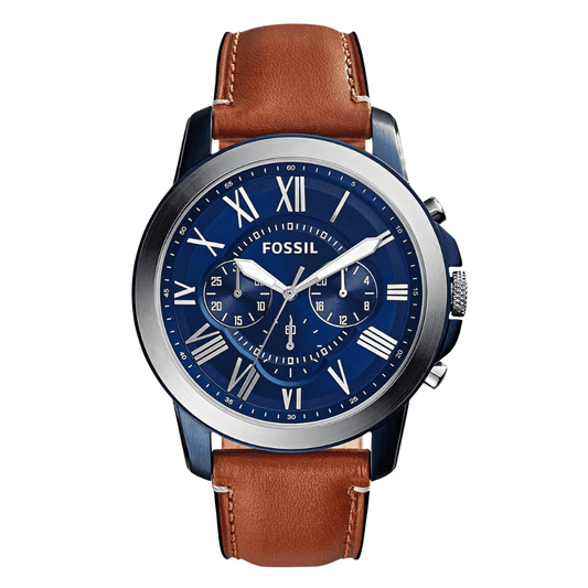 Picture of Fossil Grant Brown Leather Strap Blue Dial Chronograph Quartz Watch for Gents - FS5210 - Available at Raja Sahib