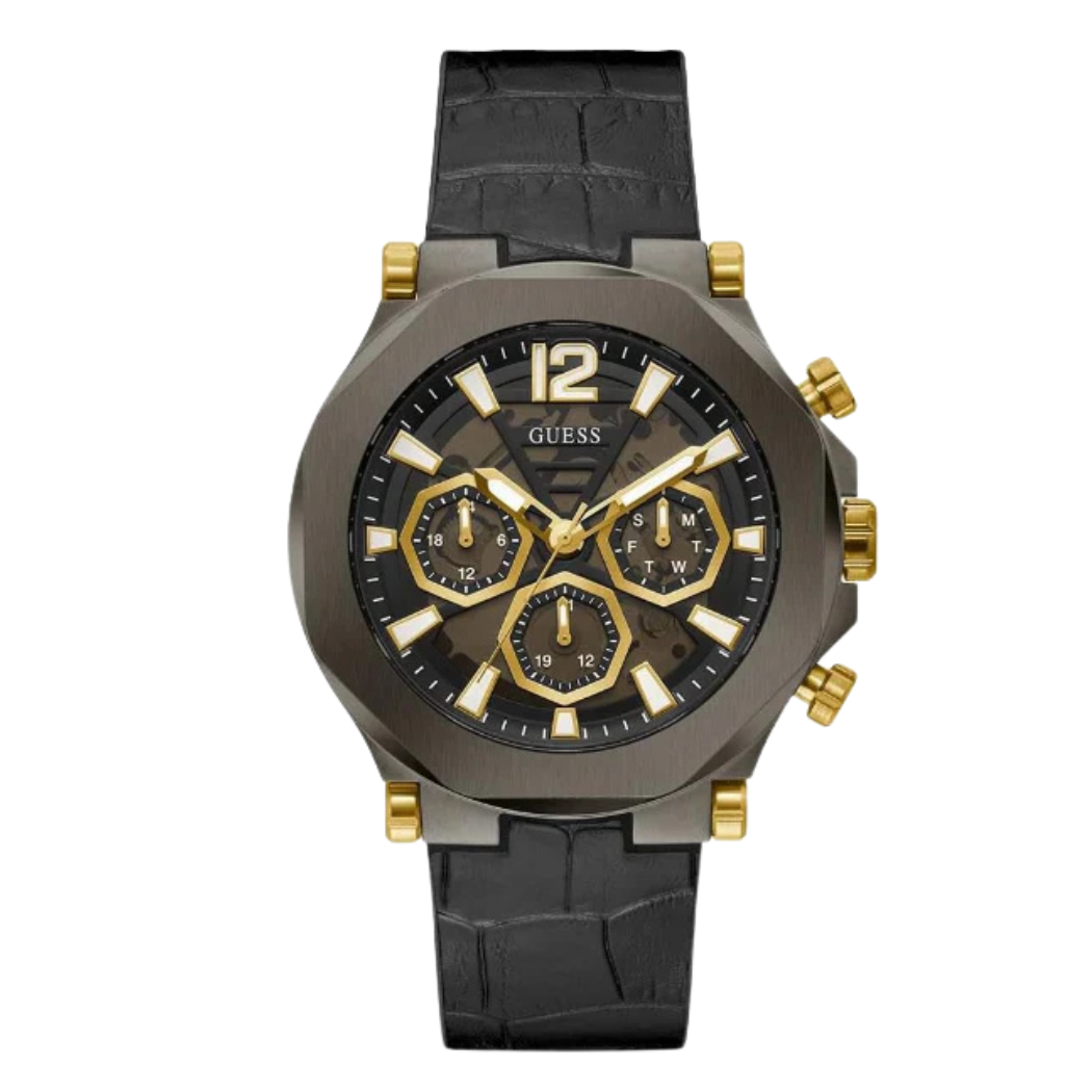 Picture of Guess EDGE Black Leather Strap Black Dial Chronograph Quartz Watch for Gents - GW0492G1 - Available at Raja Sahib