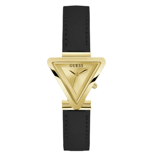 Guess Black Leather Strap Gold Dial Quartz Watch for Ladies - GW0548L3