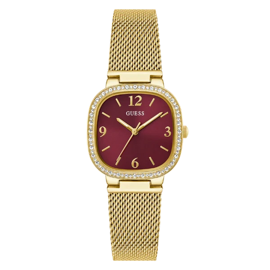 Guess Tapestry Gold Mesh Bracelet Red Dial Quartz Watch for Ladies - GW0354L4