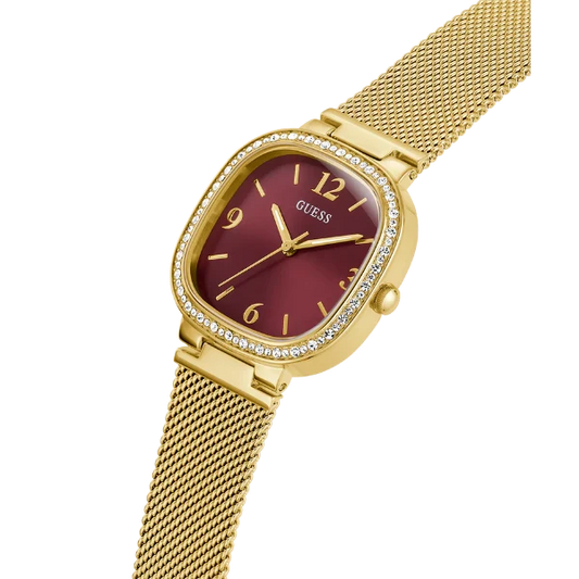 Guess Tapestry Gold Mesh Bracelet Red Dial Quartz Watch for Ladies - GW0354L4