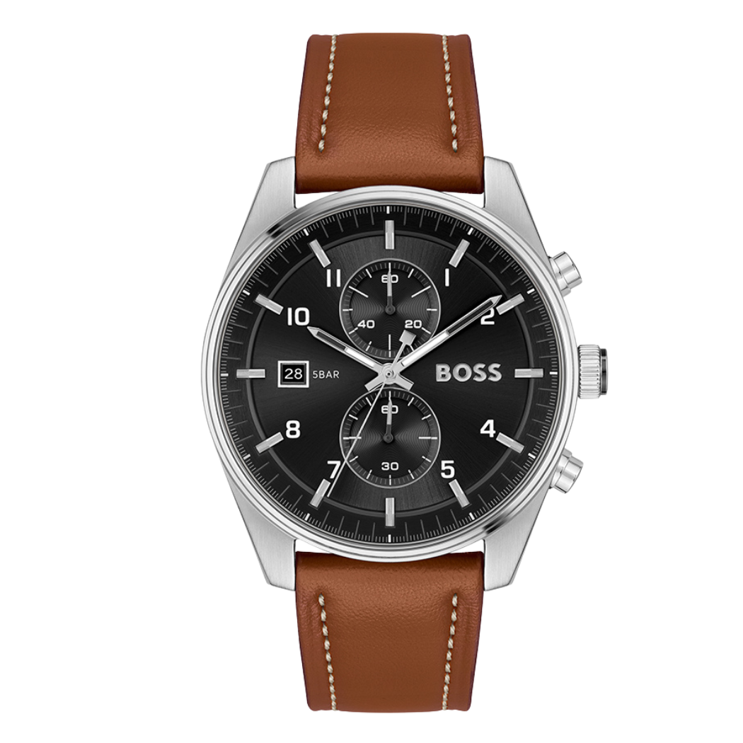 Picture of Hugo Boss Skytraveller Brown Leather Strap Black Dial Chronograph Quartz Watch For Gents - Boss 1514161 - Available at Raja Sahib