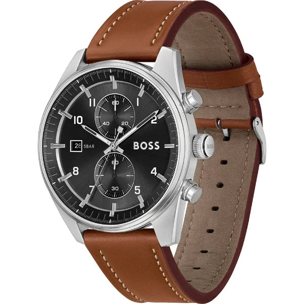 Picture of Hugo Boss Skytraveller Brown Leather Strap Black Dial Chronograph Quartz Watch For Gents - Boss 1514161 - Available at Raja Sahib