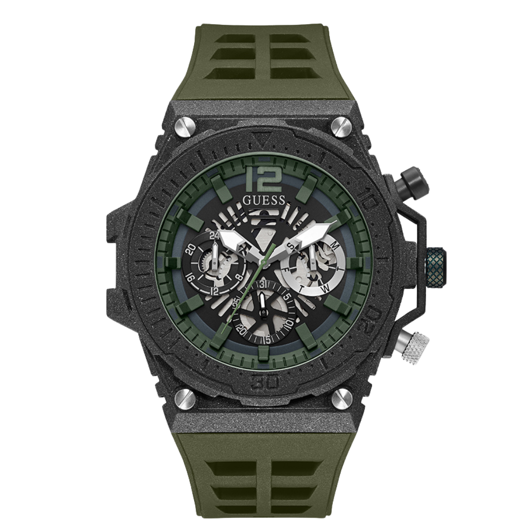 Picture of Guess Exposure Olive Green Silicone Black Dial Quartz Watch for Gents - GW0325G2 - Available at Raja Sahib
