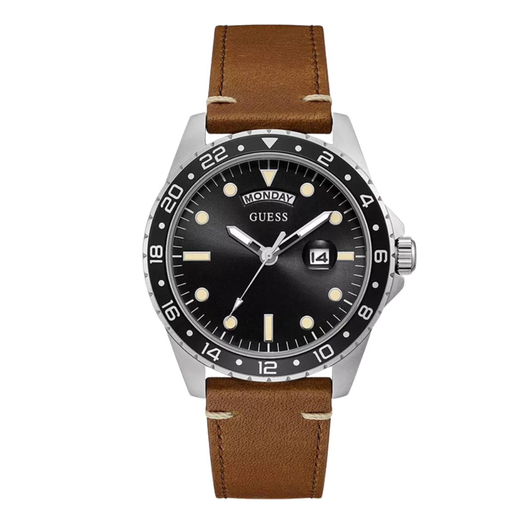 Picture of Guess Comet Brown Leather Strap Black Dial Quartz Watch for Gents - GW0221G3 - Available at Raja Sahib