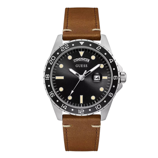 Picture of Guess Comet Brown Leather Strap Black Dial Quartz Watch for Gents - GW0221G3 - Available at Raja Sahib