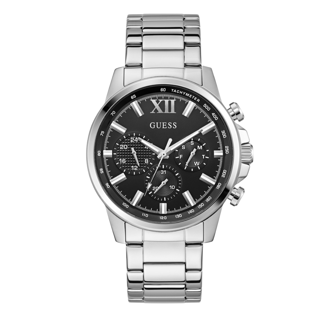 Picture of Guess Silver Stainless Steel Black Dial Chronograph Quartz Watch for Gents - GW0900G1 - Available at Raja Sahib