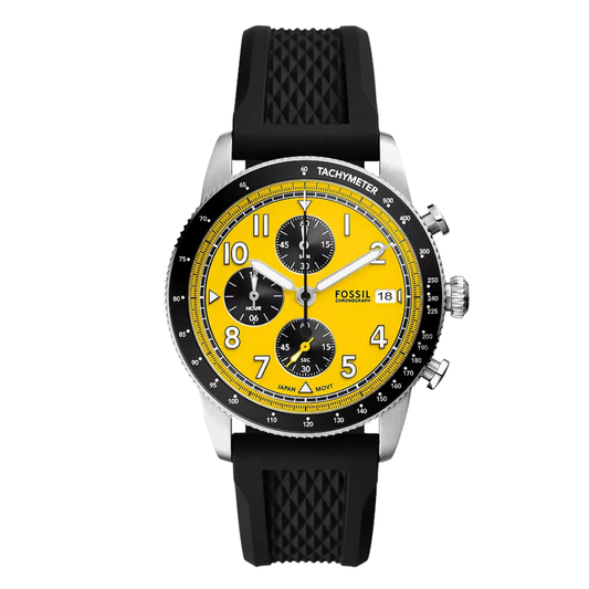 Picture of Fossil Chronograph Black Silicone Strap Yellow Dial Sport Tourer Quartz Watch for Gents - FS-6044 - Available at Raja Sahib