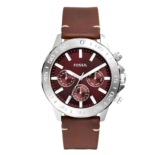 Fossil Chronograph Brown Leather Strap Burgundy Dial Bannon Quartz Watch for Gents - BQ-2806