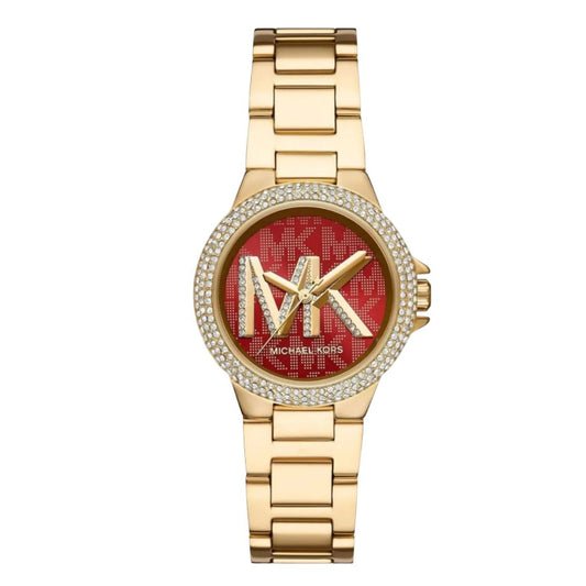 Michael Kors Classic Gold Stainless Steel Red Dial Quartz Watch for Ladies - MK7196