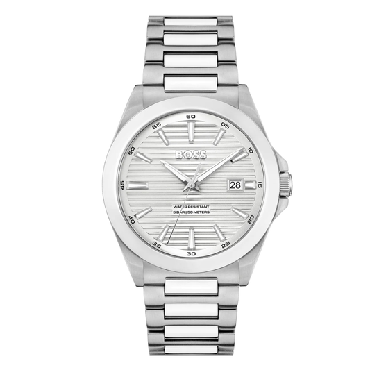 Hugo Boss Silver Stainless Steel White Dial Quartz Watch For Gents - Hugo Boss 1514176