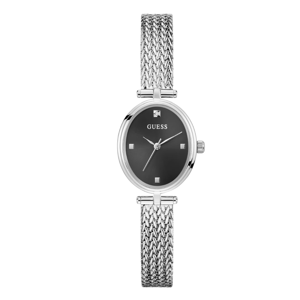 Picture of Guess Ruby Silver Mesh Bracelet Black Dial Quartz Watch for Ladies - G0935L1 - Available at Raja Sahib