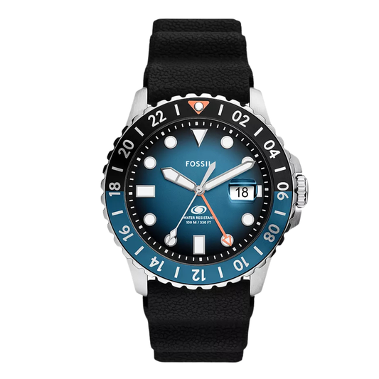 Fossil GMT Black Silicone Strap Teal Blue Dial Quartz Watch for Gents - F6049