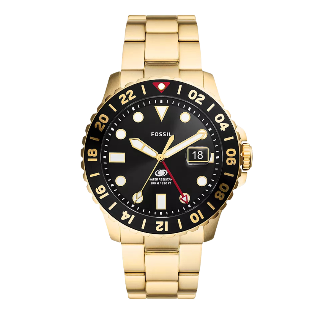 Picture of Fossil GMT Gold Stainless Steel Black Dial Quartz Watch for Gents - F5990 - Available at Raja Sahib