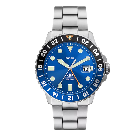 Fossil GMT Silver Stainless Steel Blue Dial Quartz Watch for Gents - F5991