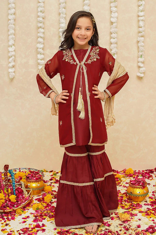 Picture of Modest - Chiffon 3 Piece Red Suit - 8765 - Available at Raja Sahib