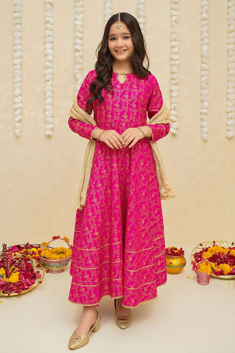 Picture of Modest - Rawsilk 3 Piece Pink Frock - 8915 - Available at Raja Sahib