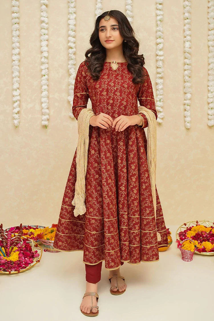 Picture of Modest - Rawsilk 3 Piece Maroon Frock - 8915 - Available at Raja Sahib