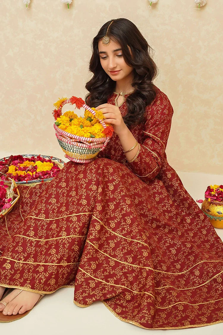 Picture of Modest - Rawsilk 3 Piece Maroon Frock - 8915 - Available at Raja Sahib