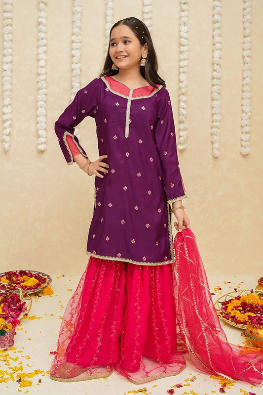 Picture of Modest - Girls 3 Piece Rawsilk Gharara - 8925 - Available at Raja Sahib