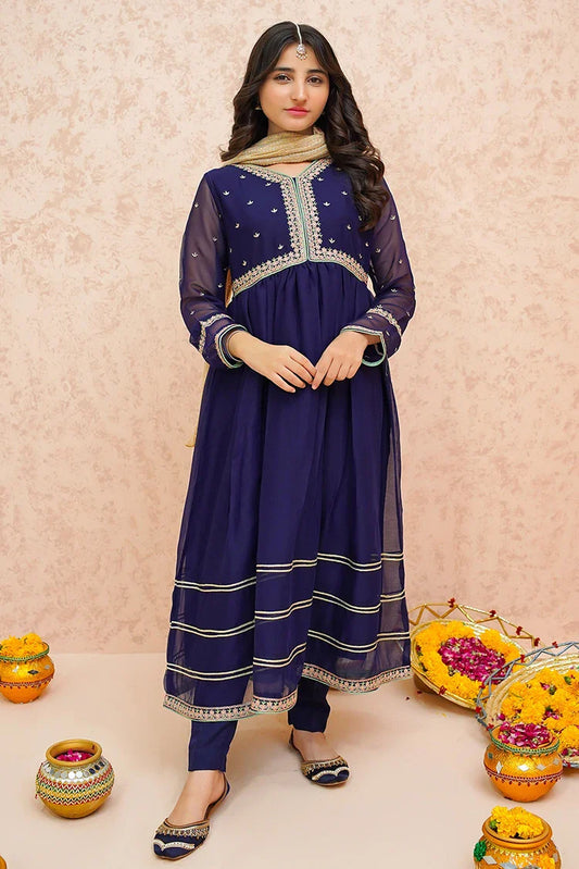 Picture of Modest - Festive Chiffon Blue Outfit - 9075 - Available at Raja Sahib
