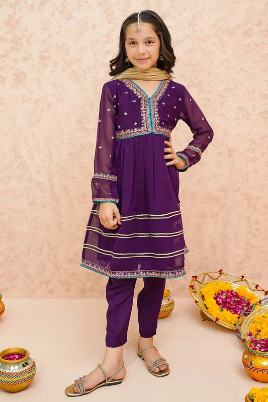 Picture of Modest - Festive Chiffon Purple Outfit - 9075 - Available at Raja Sahib