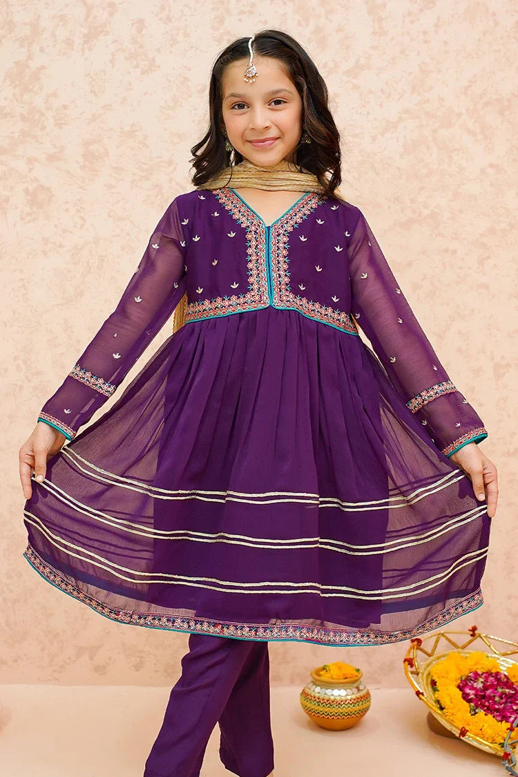 Picture of Modest - Festive Chiffon Purple Outfit - 9075 - Available at Raja Sahib