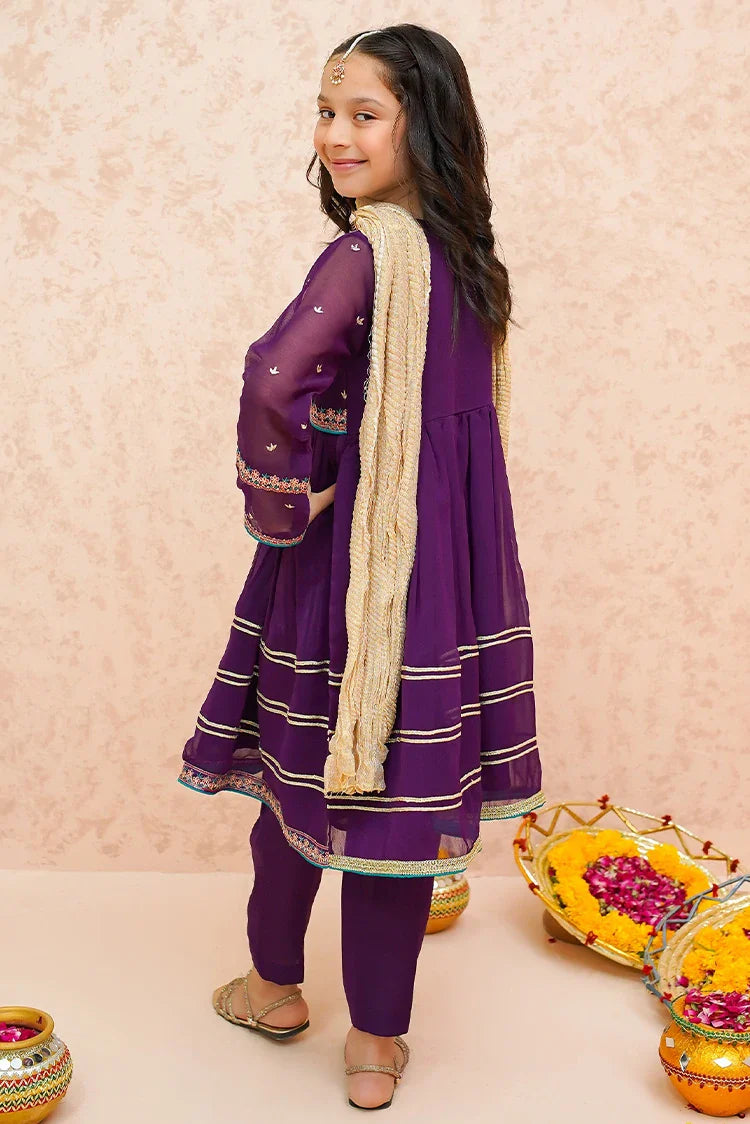 Picture of Modest - Festive Chiffon Purple Outfit - 9075 - Available at Raja Sahib