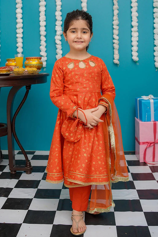 Picture of Modest - Cotton 3 Piece Orange Frock - 9220 - Available at Raja Sahib