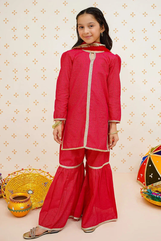 Picture of Modest - Girls Pink 3 Piece Gharara Set - 9520 - Available at Raja Sahib