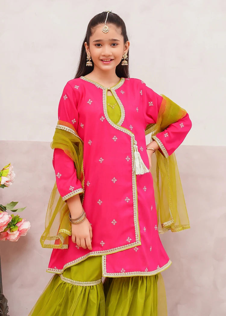 Picture of Modest - 3 Piece Rawsilk Pink Embroidered Gharara - Available at Raja Sahib