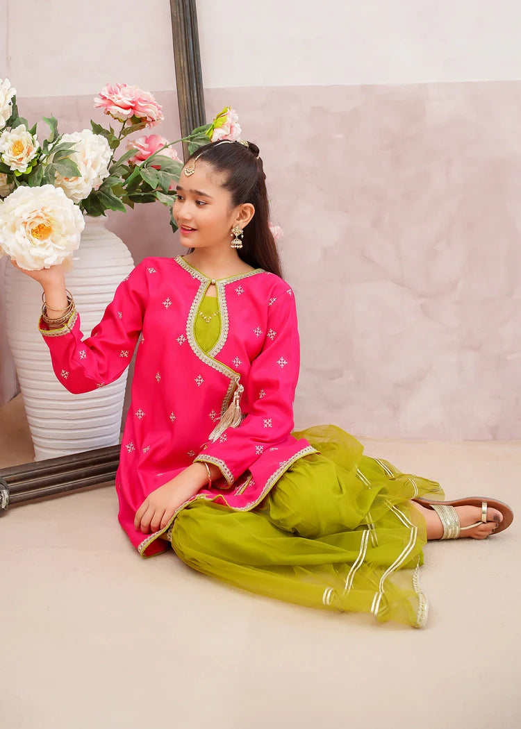 Picture of Modest - 3 Piece Rawsilk Pink Embroidered Gharara - Available at Raja Sahib